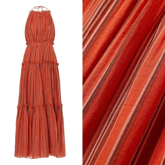 ULLA JOHNSON Cotton Stripe Sleeveless Halter Neck Open Back Tier Ruffle Dress 10 - Picture 13 of 14